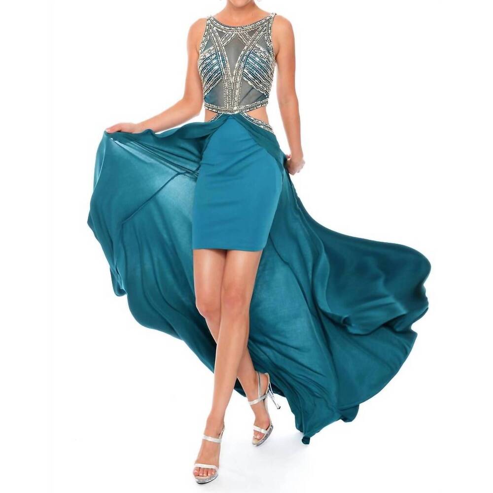 NEW PRECIOUS FORMALS jersey hand beaded mesh prom dress in teal